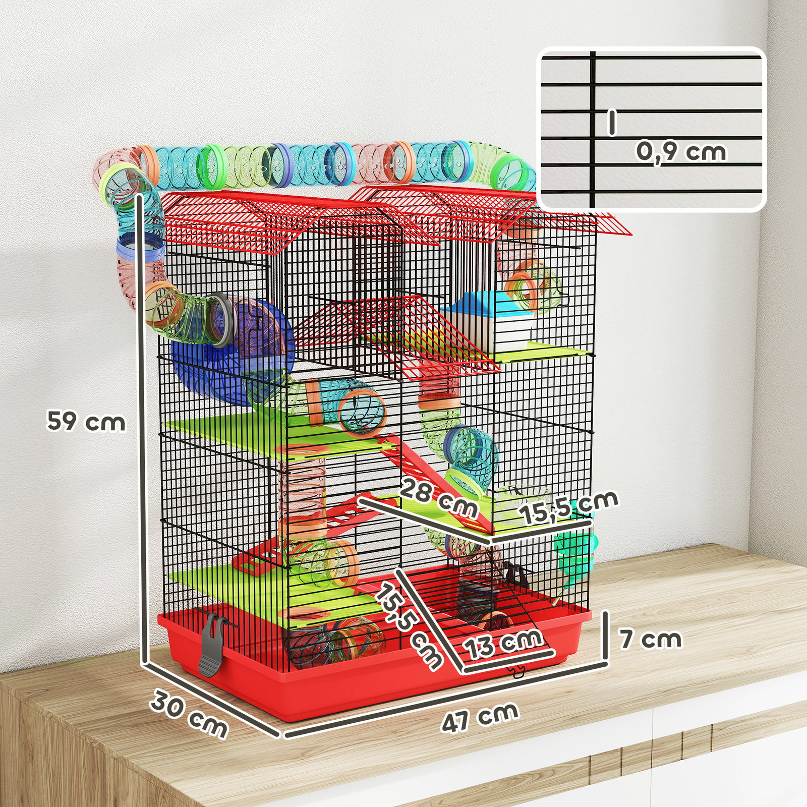 Gaiola para hamster de 5 níveis 47x30x59 cm com túneis tigela bebedouro casinha roda de exercício rampas vermelho
