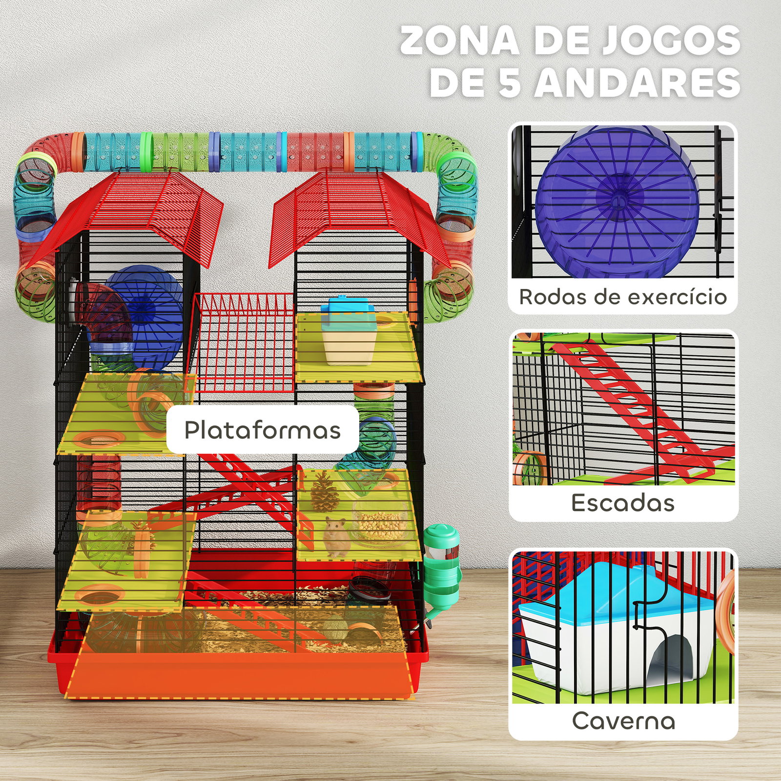 Gaiola para hamster de 5 níveis 47x30x59 cm com túneis tigela bebedouro casinha roda de exercício rampas vermelho