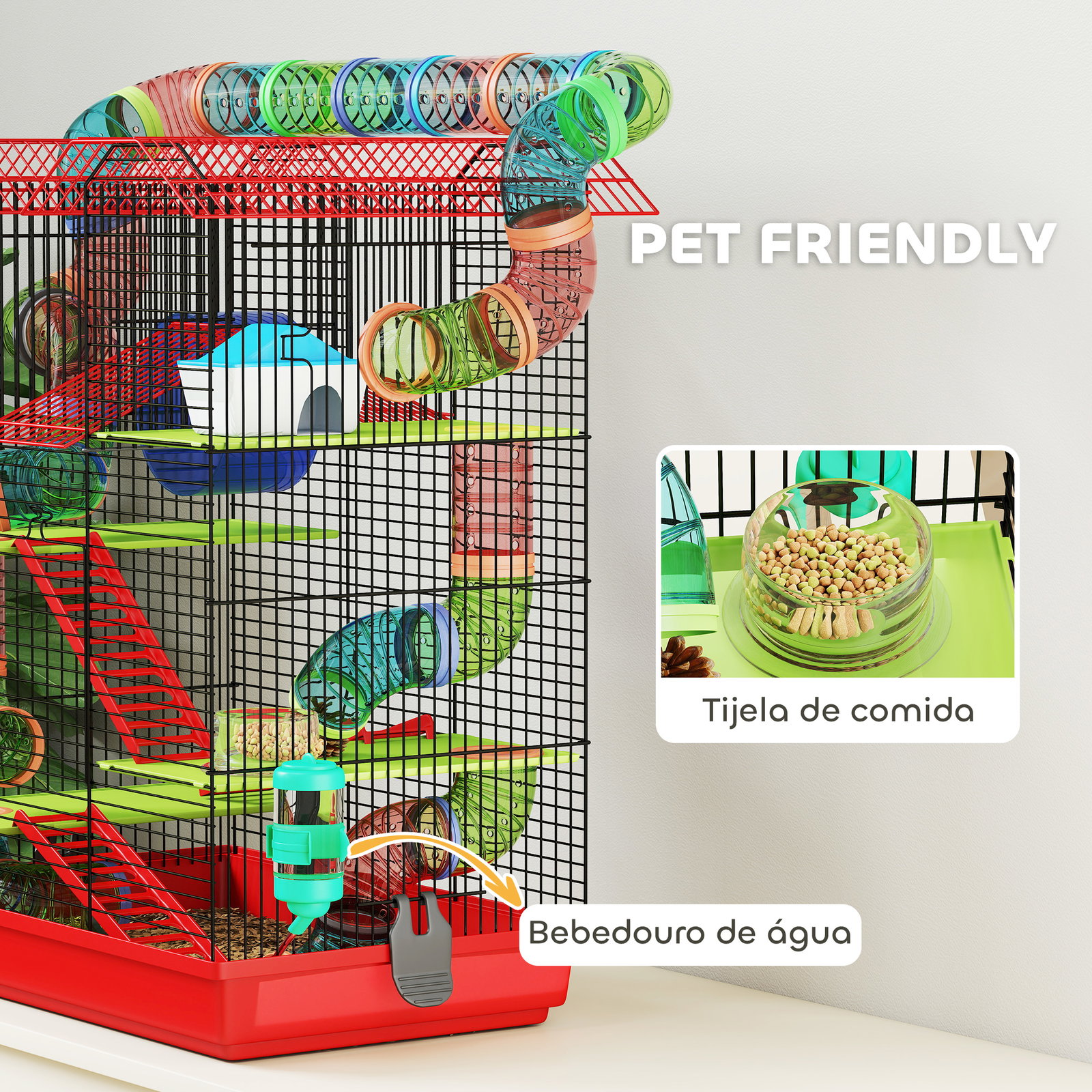 Gaiola para hamster de 5 níveis 47x30x59 cm com túneis tigela bebedouro casinha roda de exercício rampas vermelho