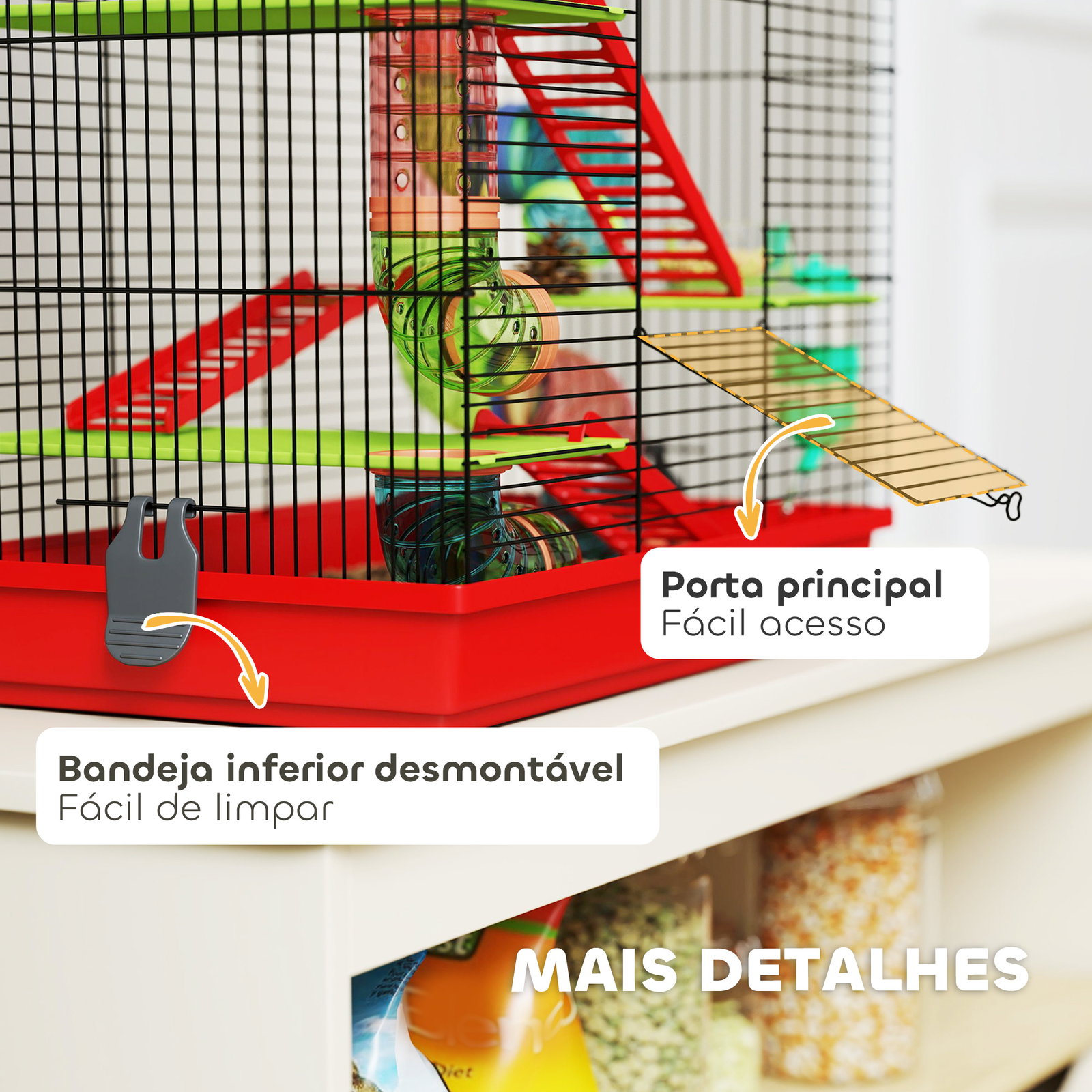 Gaiola para hamster de 5 níveis 47x30x59 cm com túneis tigela bebedouro casinha roda de exercício rampas vermelho