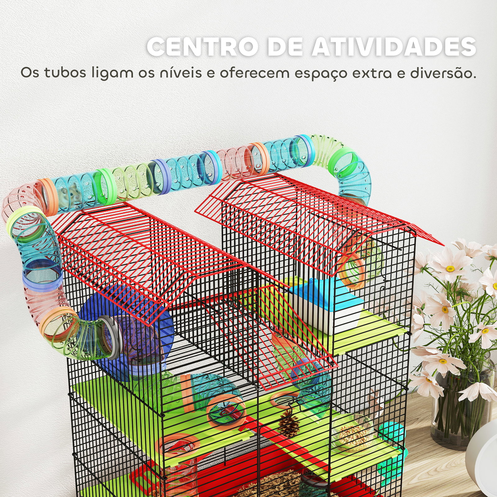 Gaiola para hamster de 5 níveis 47x30x59 cm com túneis tigela bebedouro casinha roda de exercício rampas vermelho