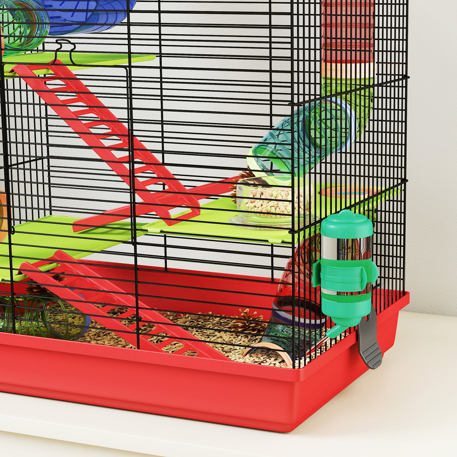 Gaiola para hamster de 5 níveis 47x30x59 cm com túneis tigela bebedouro casinha roda de exercício rampas vermelho