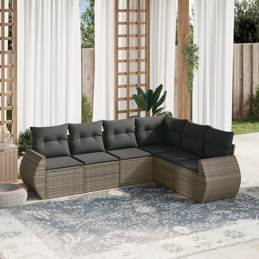 6 Pcs conjunto sofás de jardim com almofadões vime cinzento
