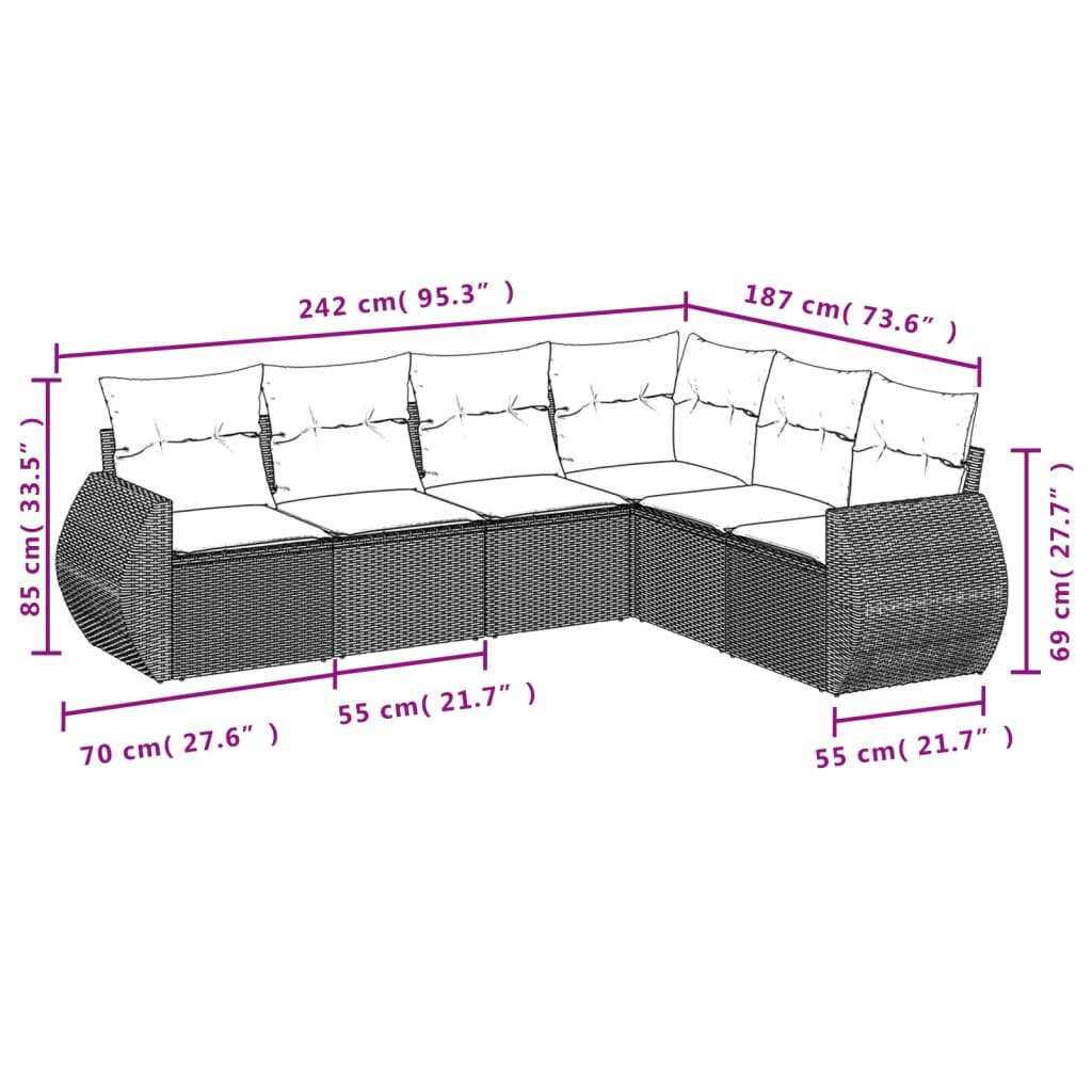 6 Pcs conjunto sofás de jardim com almofadões vime cinzento