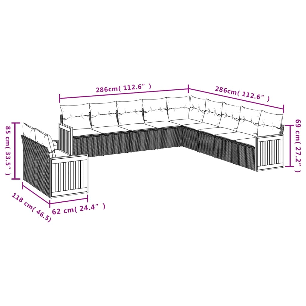 11 Pcs conjunto sofás de jardim c/ almofadões vime PE preto