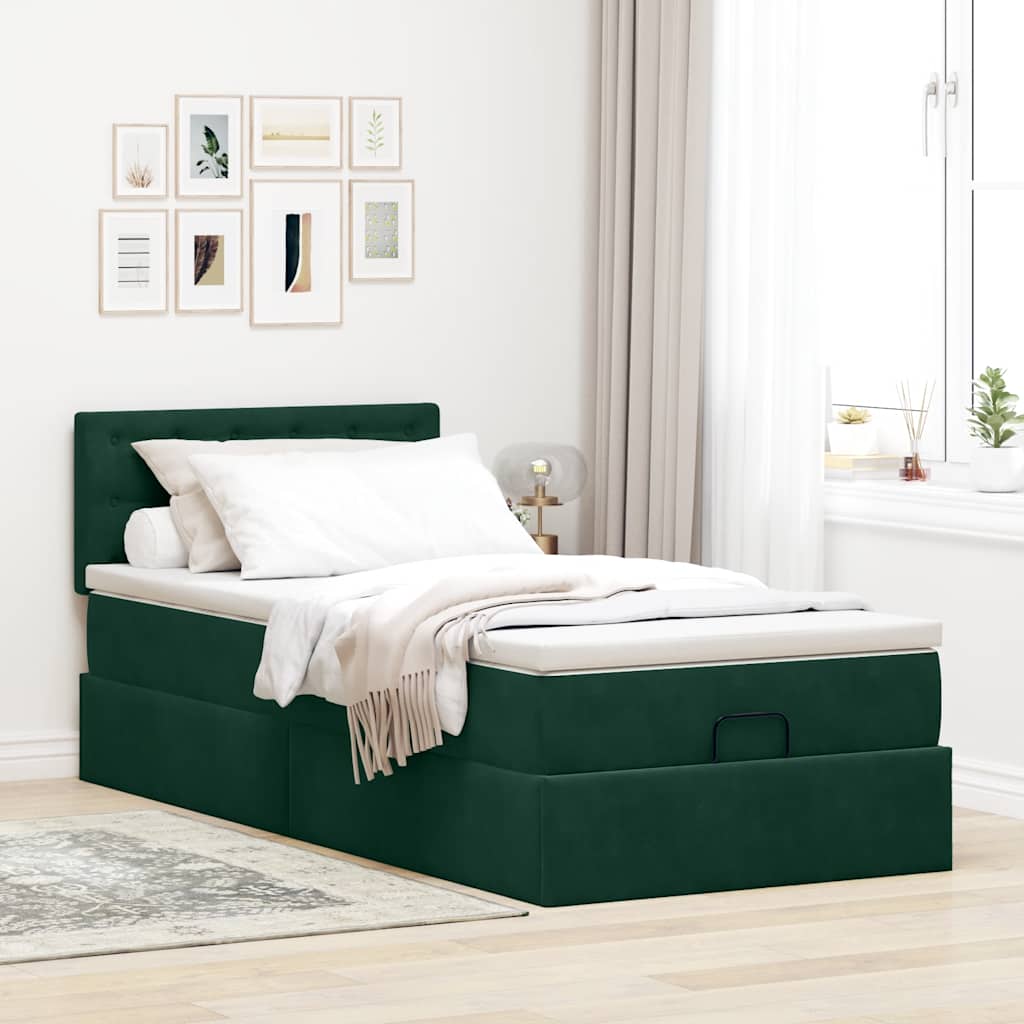 Estrutura cama otomana colchão 80x200 cm veludo verde escuro