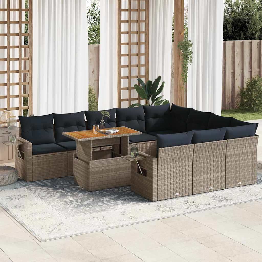 11 Pcs conjunto sofás de jardim c/ almofadões vime PE cinzento