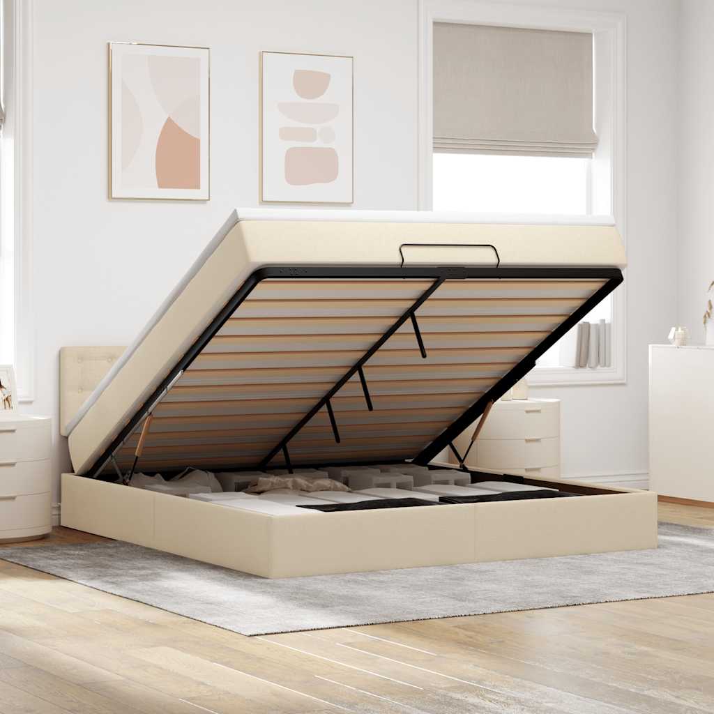 Estrutura de cama otomana com colchão tecido creme 160x200cm