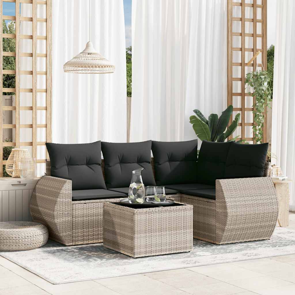 5 Pcs conj. sofás jardim c/ almofadões vime PE cinzento-claro