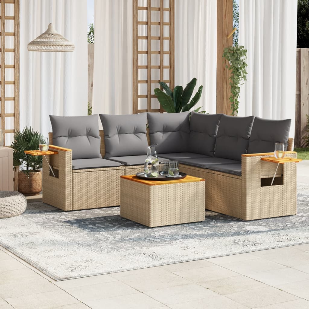 6 Pcs conjunto de sofás p/ jardim com almofadões vime PE bege