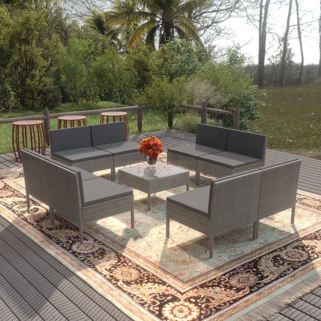 9 Pcs conjunto lounge de jardim c/ almofadões vime PE cinzento