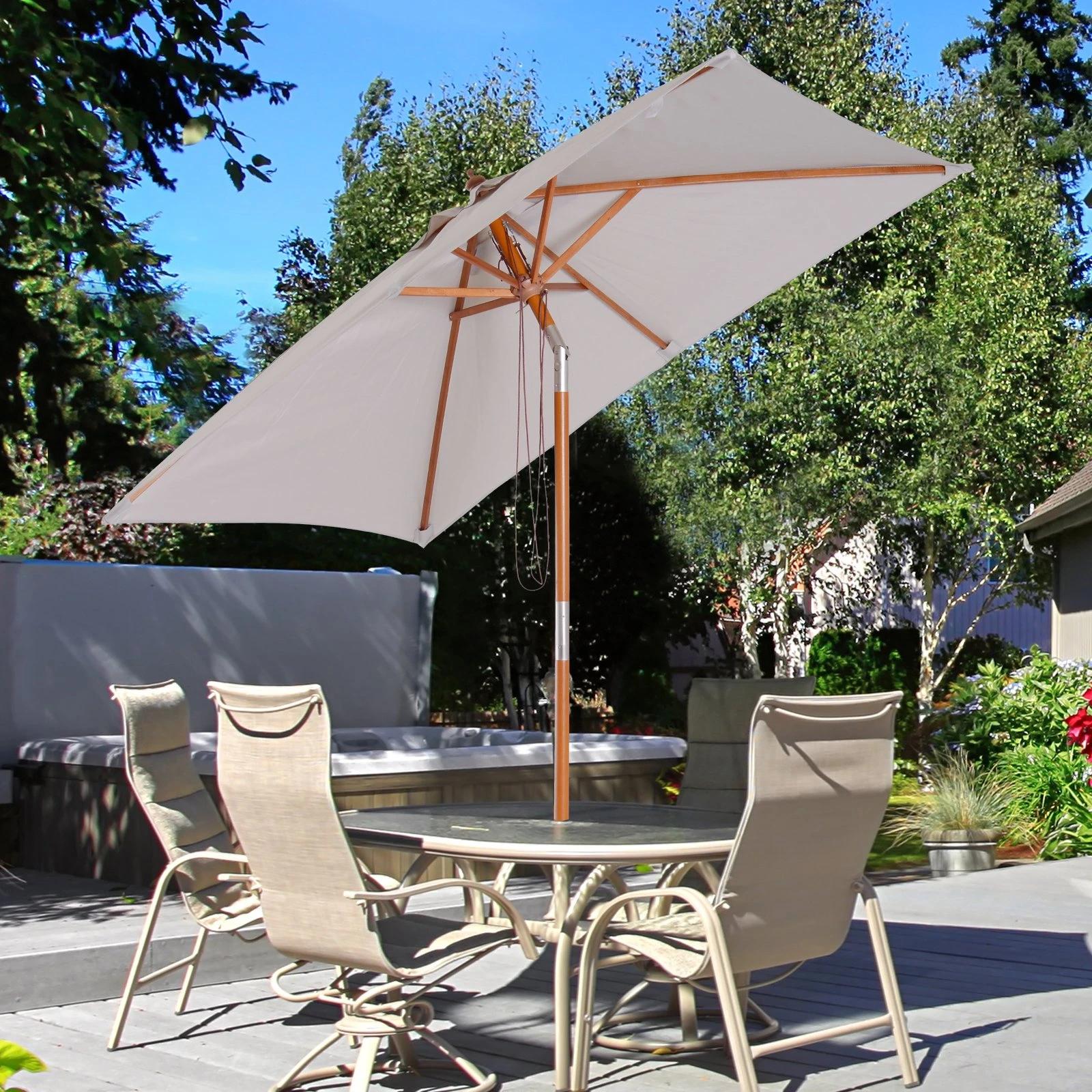 Chapéu de sol de jardim 200x150x230cm chapéu de sol retangular inclinável com polia duplo teto e mastro desmontável de madeira para terraço pátio cinza