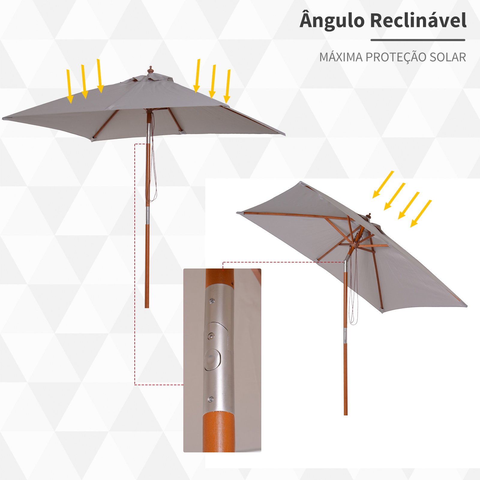 Chapéu de sol de jardim 200x150x230cm chapéu de sol retangular inclinável com polia duplo teto e mastro desmontável de madeira para terraço pátio cinza