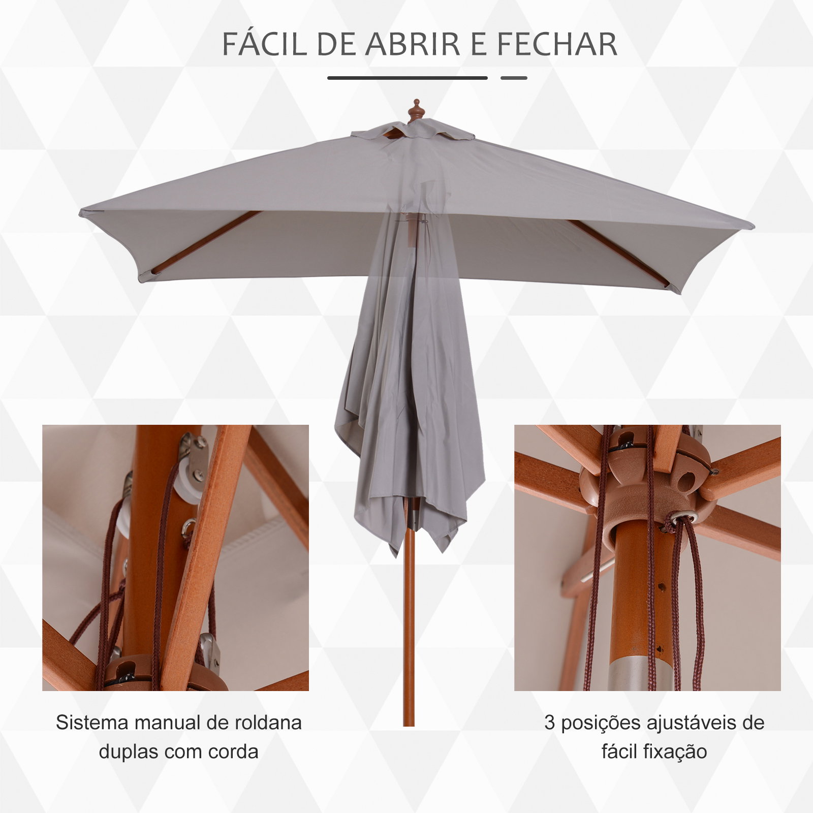 Chapéu de sol de jardim 200x150x230cm chapéu de sol retangular inclinável com polia duplo teto e mastro desmontável de madeira para terraço pátio cinza