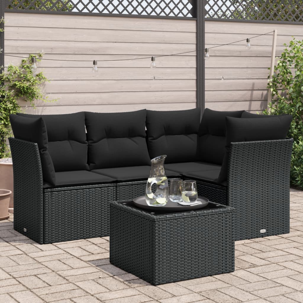 5 Pcs conjunto sofás de jardim com almofadões vime PE preto
