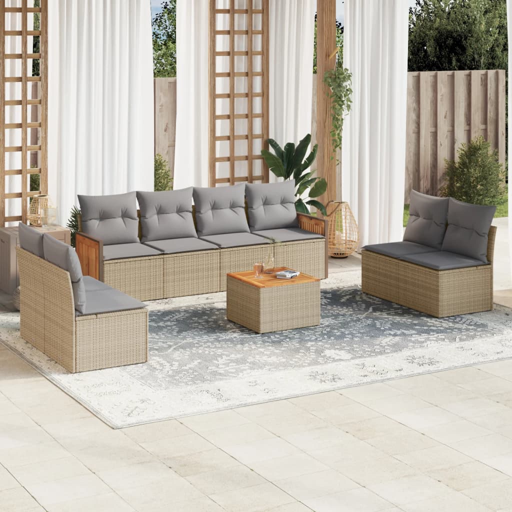 9 Pcs conjunto de sofás p/ jardim com almofadões vime PE bege