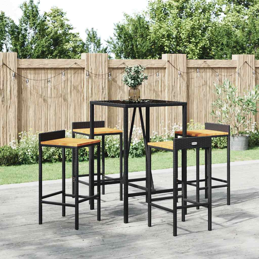 5 Pcs conjunto de bar p/ jardim vime PE/acácia maciça preto