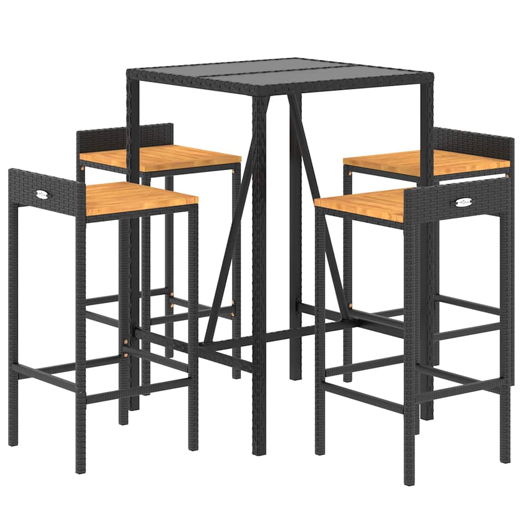 5 Pcs conjunto de bar p/ jardim vime PE/acácia maciça preto