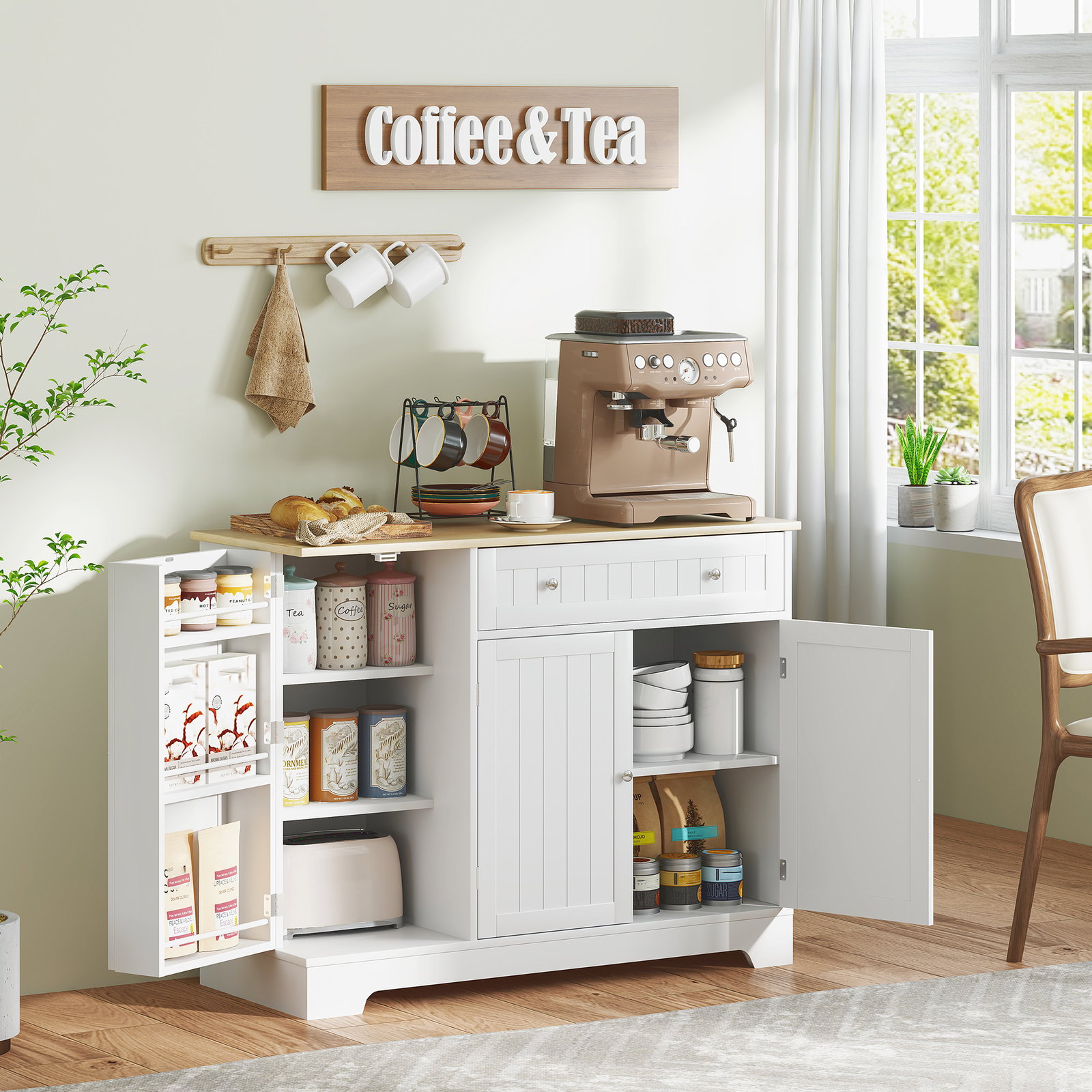 Aparador de cozinha 3 prateleiras com porta gaveta prateleiras ajustáveis para sala de jantar 105x40x83 cm branco