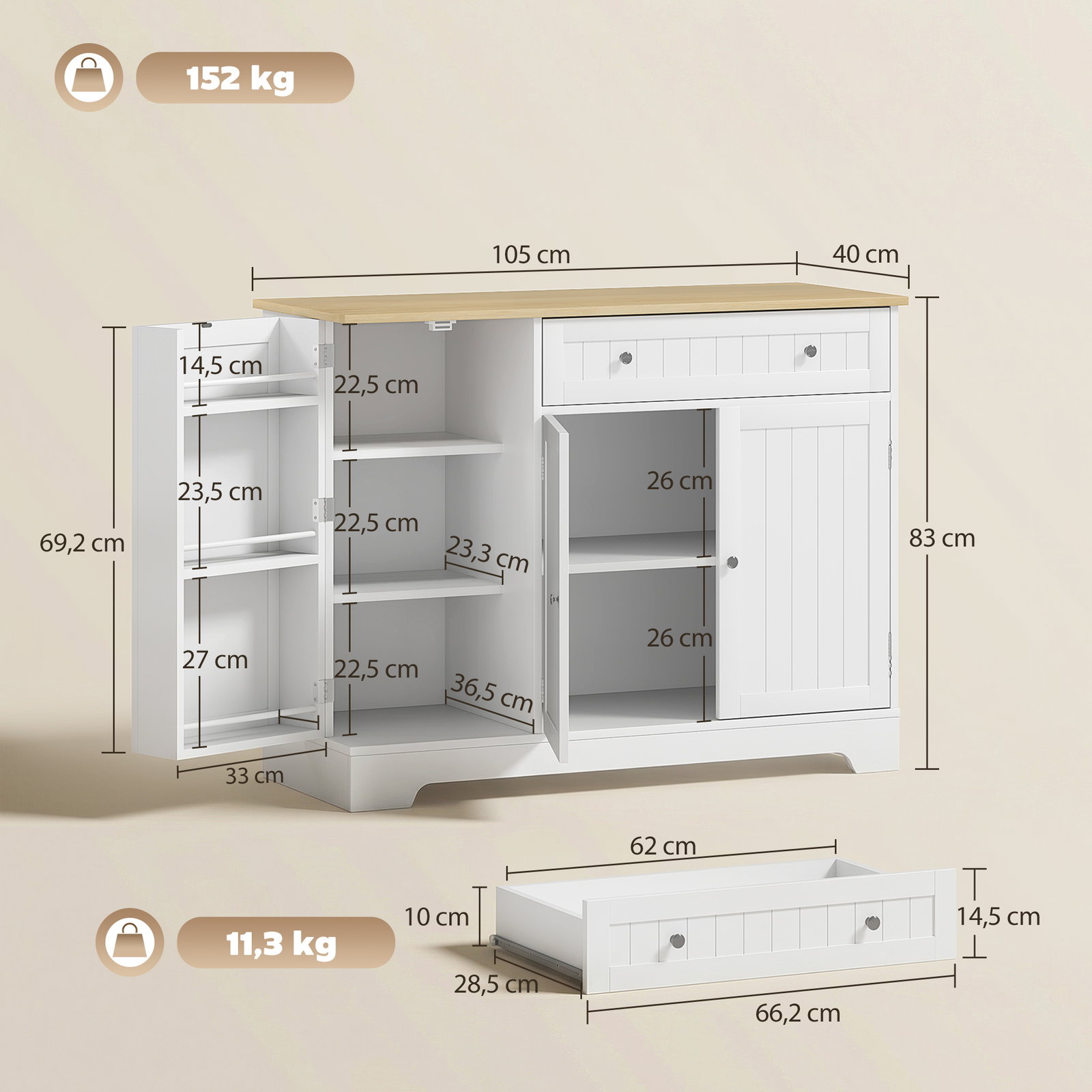 Aparador de cozinha 3 prateleiras com porta gaveta prateleiras ajustáveis para sala de jantar 105x40x83 cm branco
