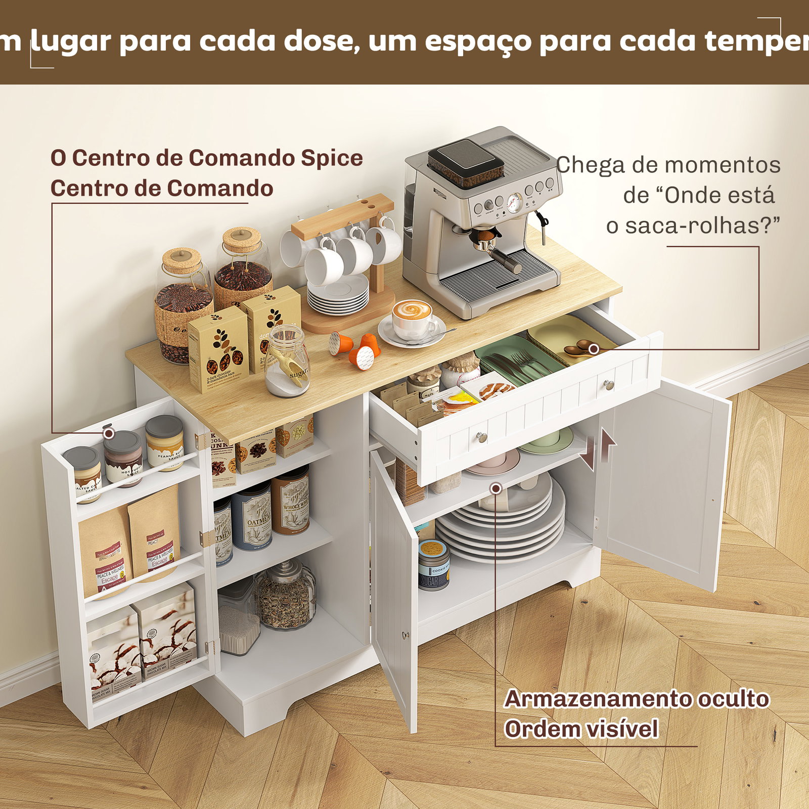 Aparador de cozinha 3 prateleiras com porta gaveta prateleiras ajustáveis para sala de jantar 105x40x83 cm branco