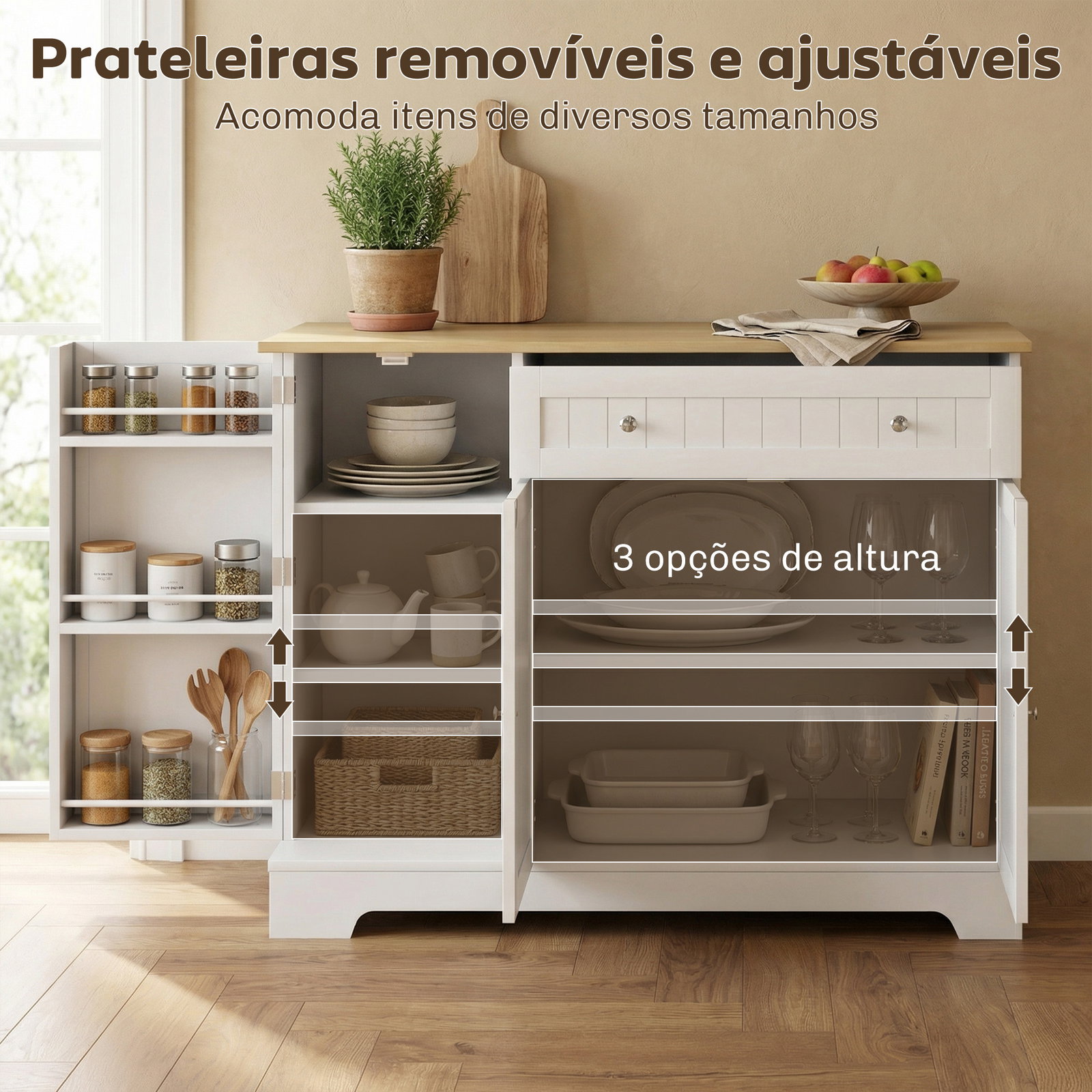 Aparador de cozinha 3 prateleiras com porta gaveta prateleiras ajustáveis para sala de jantar 105x40x83 cm branco