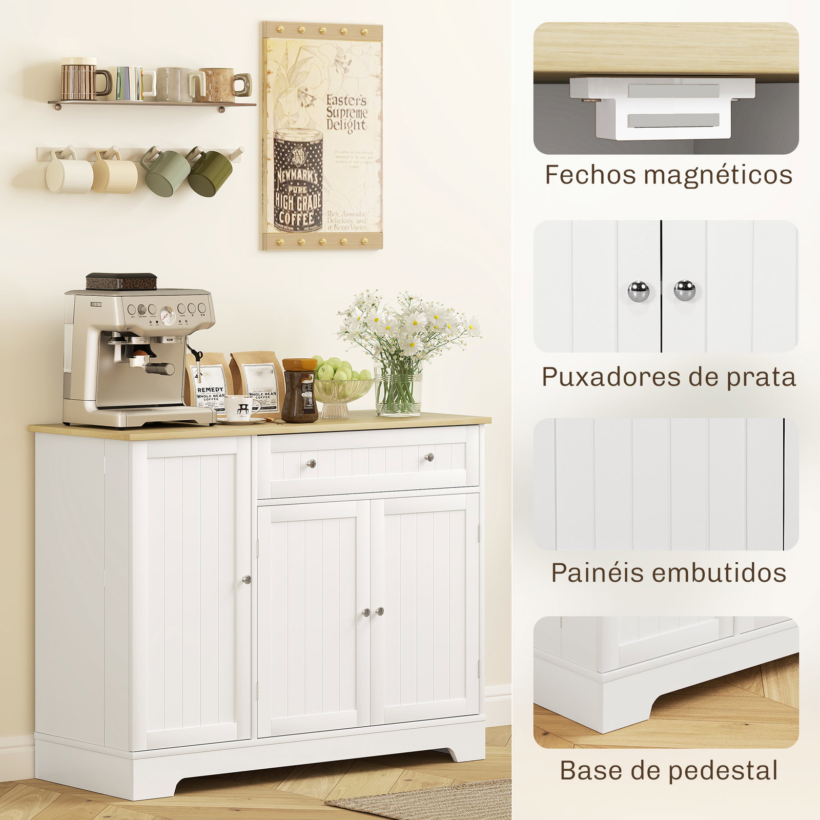 Aparador de cozinha 3 prateleiras com porta gaveta prateleiras ajustáveis para sala de jantar 105x40x83 cm branco