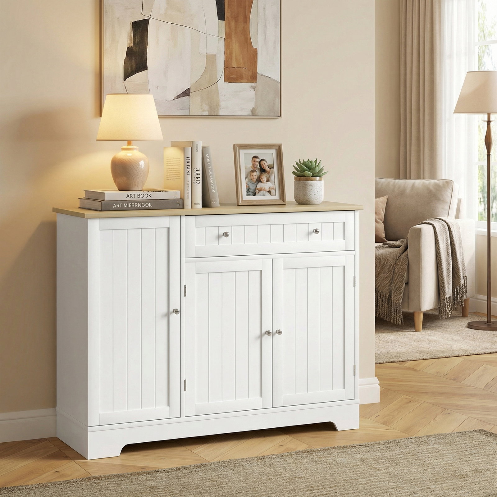 Aparador de cozinha 3 prateleiras com porta gaveta prateleiras ajustáveis para sala de jantar 105x40x83 cm branco