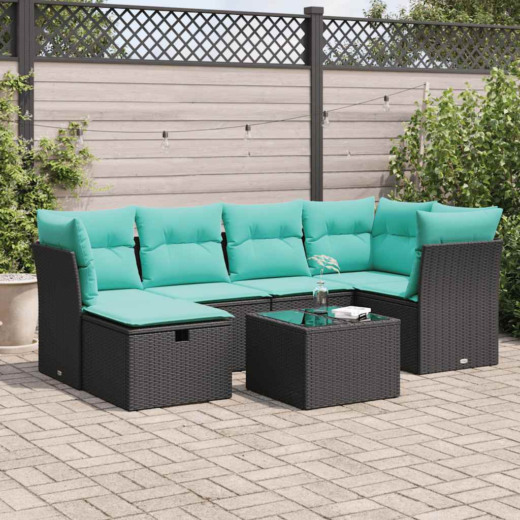 7 Pcs conjunto de sofás p/ jardim c/ almofadões vime PE preto