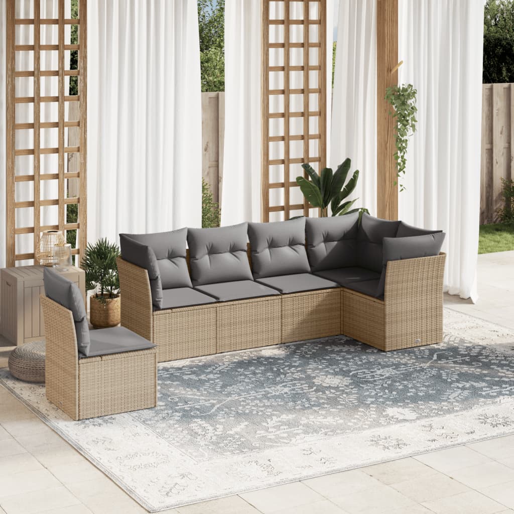 6 Pcs conjunto de sofás p/ jardim com almofadões vime PE bege