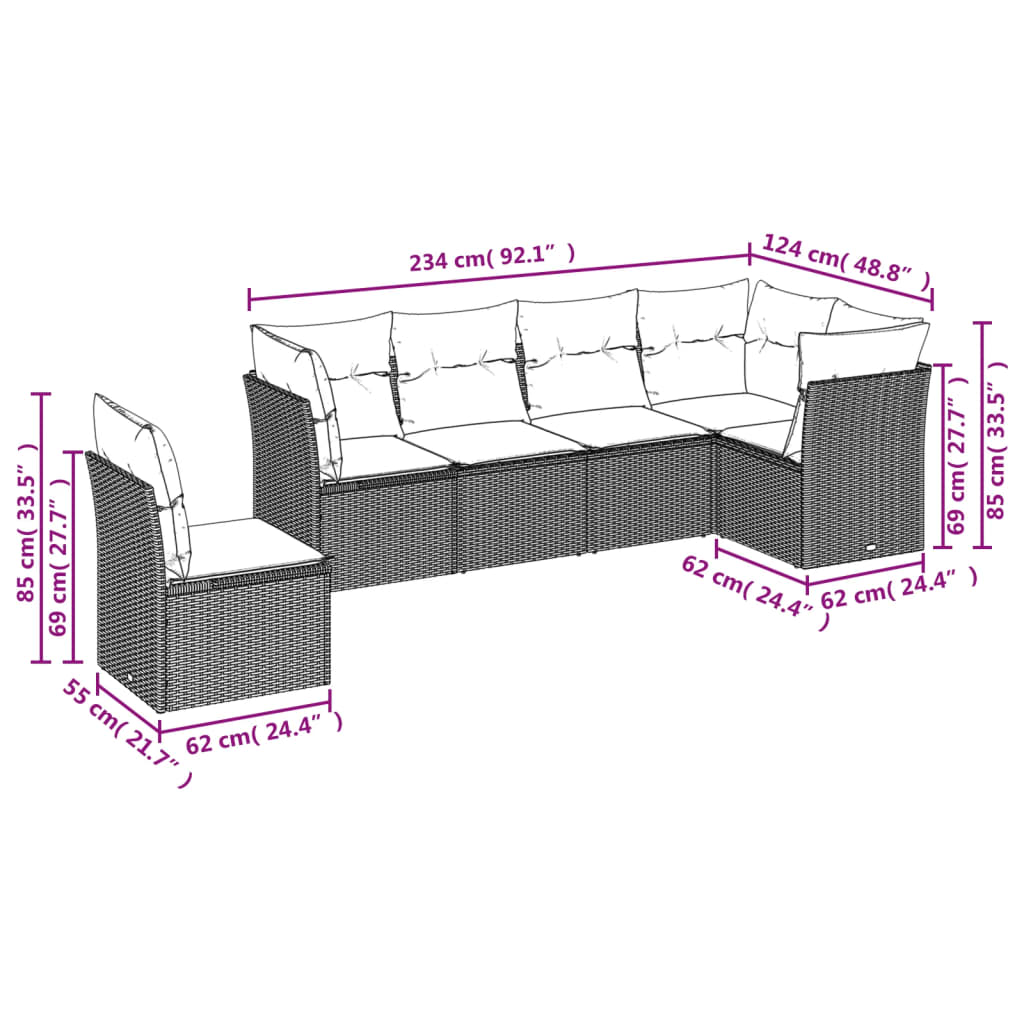 6 Pcs conjunto de sofás p/ jardim com almofadões vime PE bege