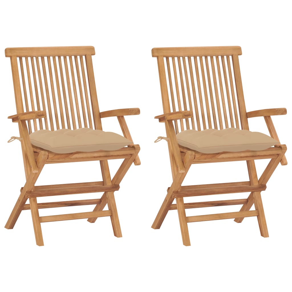 Cadeiras de jardim c/ almofadões beges 2 pcs teca maciça