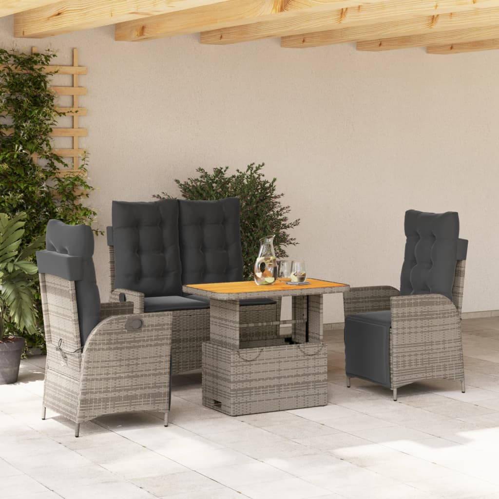 4 Pcs conjunto de jantar p/ jardim c/ almofadões vime PE cinza