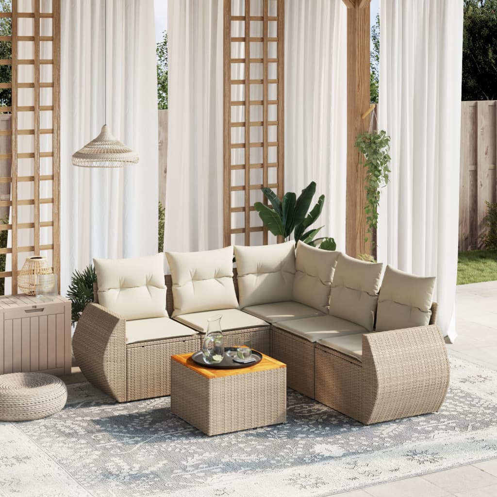 6 Pcs conjunto de sofás p/ jardim com almofadões vime PE bege