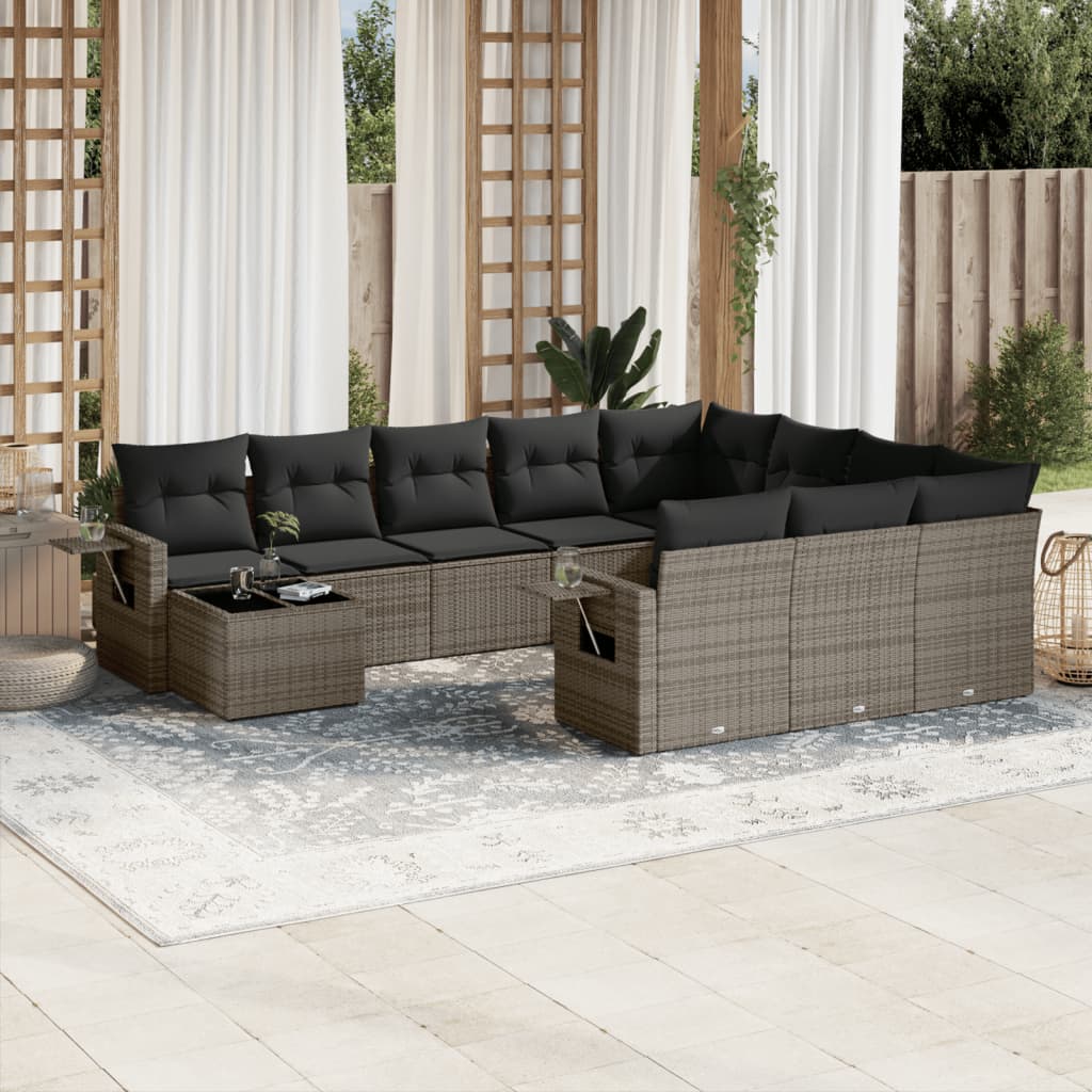 11 Pcs conjunto sofás de jardim c/ almofadões vime PE cinzento