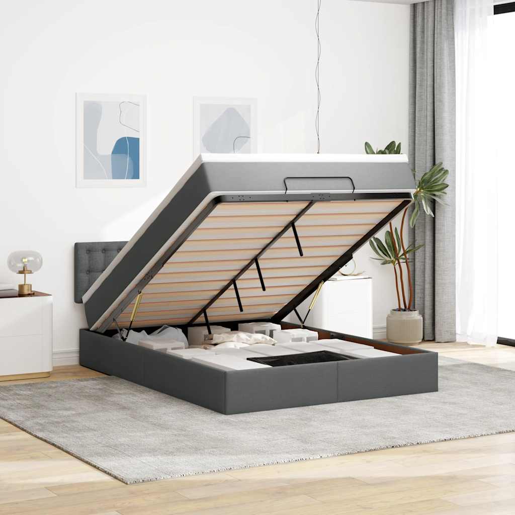Cama otomana com colchão & leds cinzento escuro 140x190cm