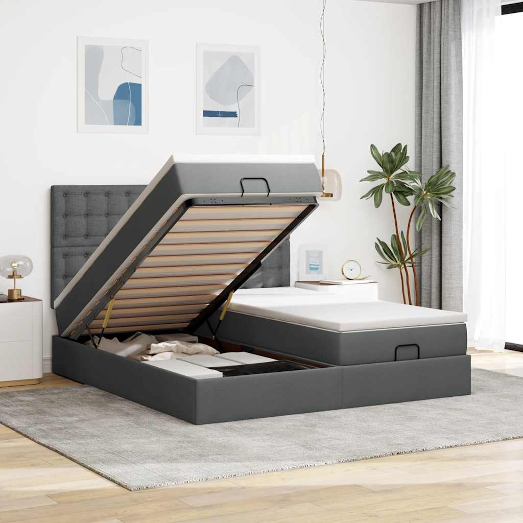 Estrutura de cama otomana com colchões tecido cinzento escuro