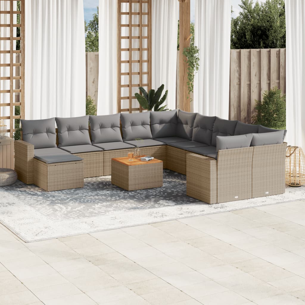 12 Pcs conjunto de sofás p/ jardim com almofadões vime PE bege