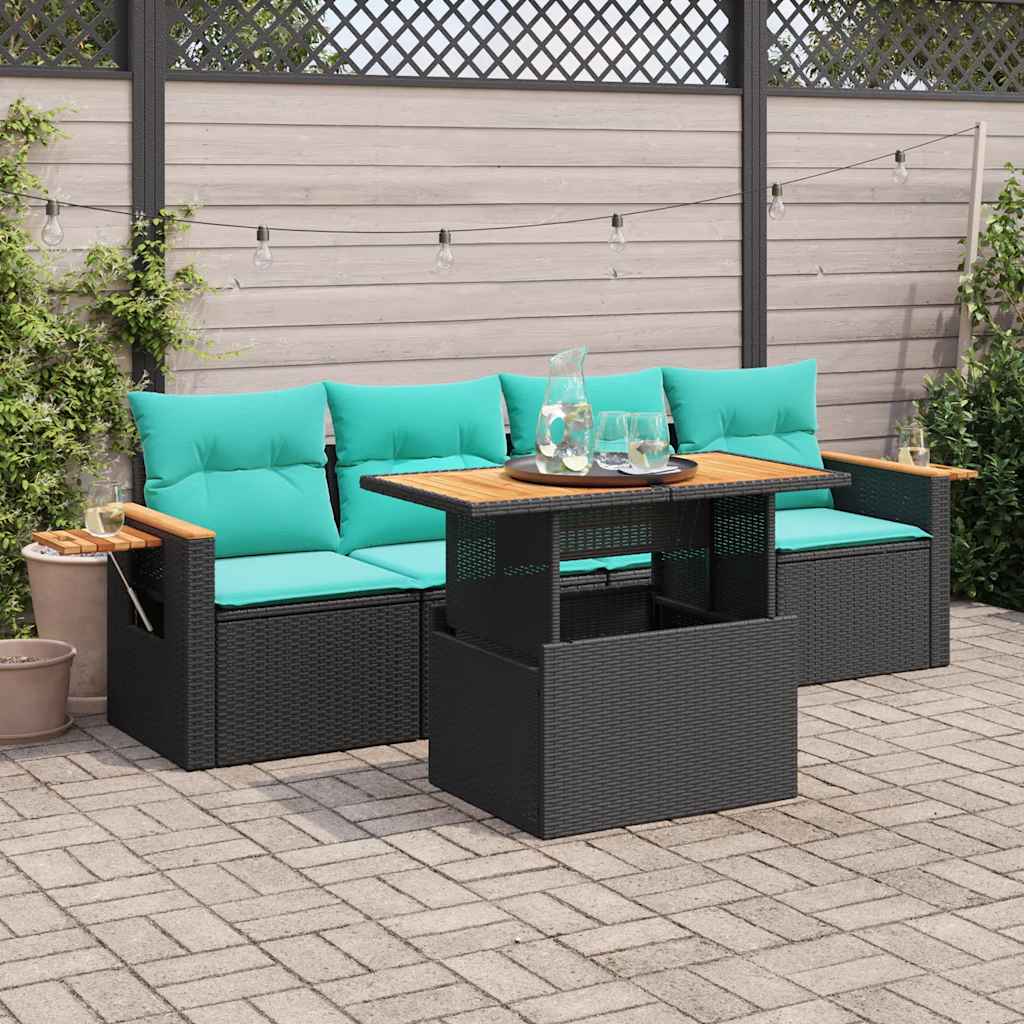 5 Pcs conjunto sofás de jardim com almofadões vime PE preto