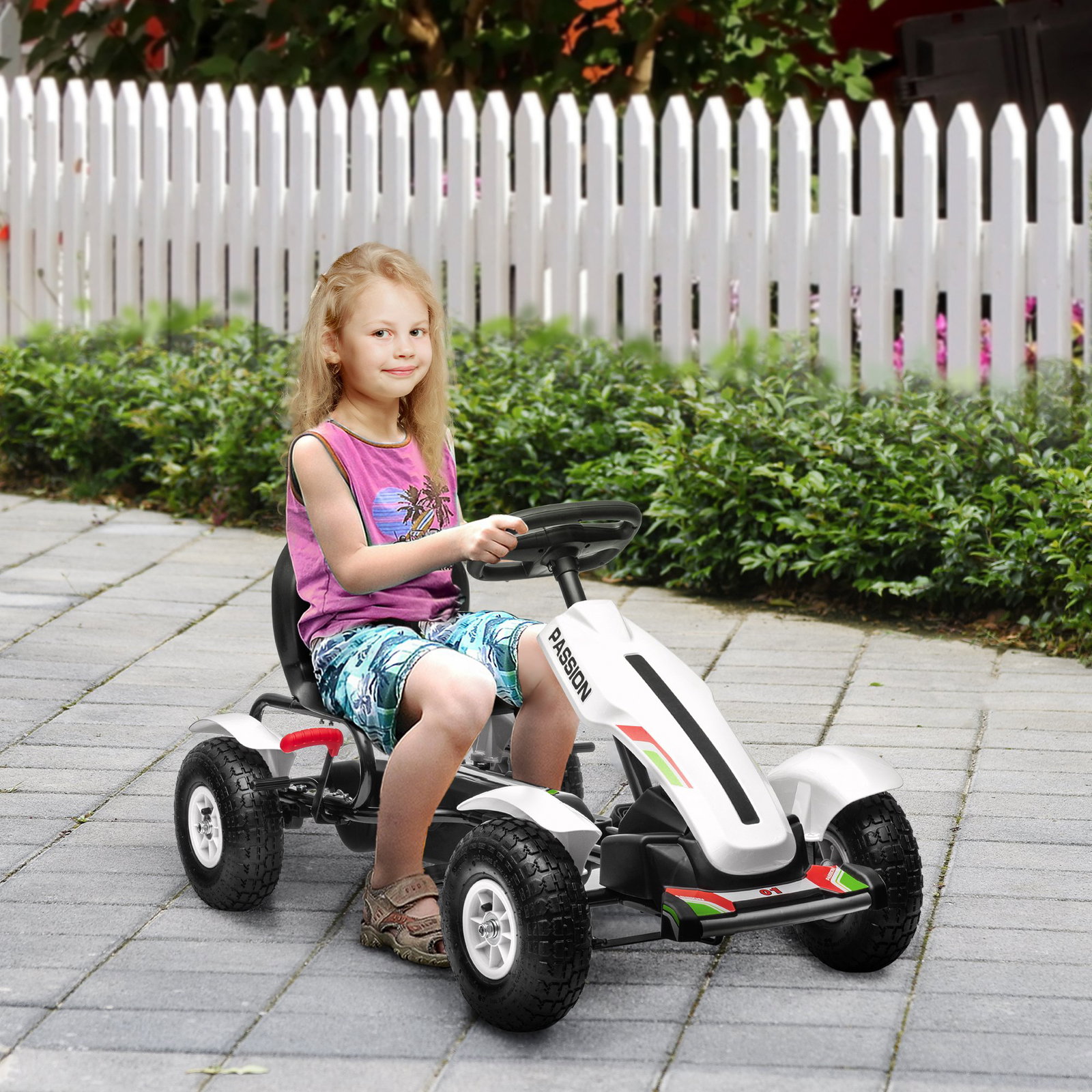 Kart a pedais para crianças com assento ajustável pneus de goma travão de mão para crianças de 5-12 anos 121x58x61 cm branco