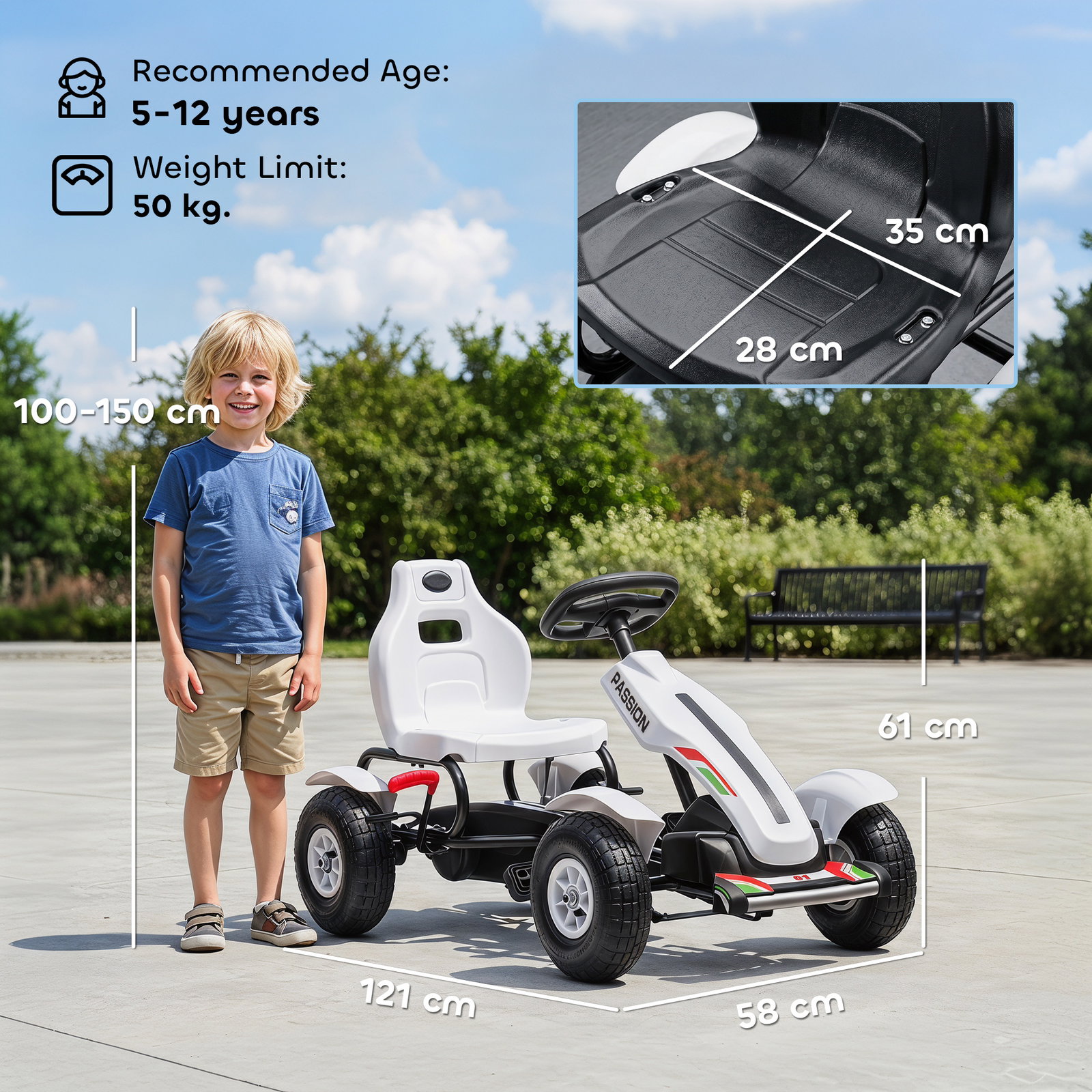 Kart a pedais para crianças com assento ajustável pneus de goma travão de mão para crianças de 5-12 anos 121x58x61 cm branco