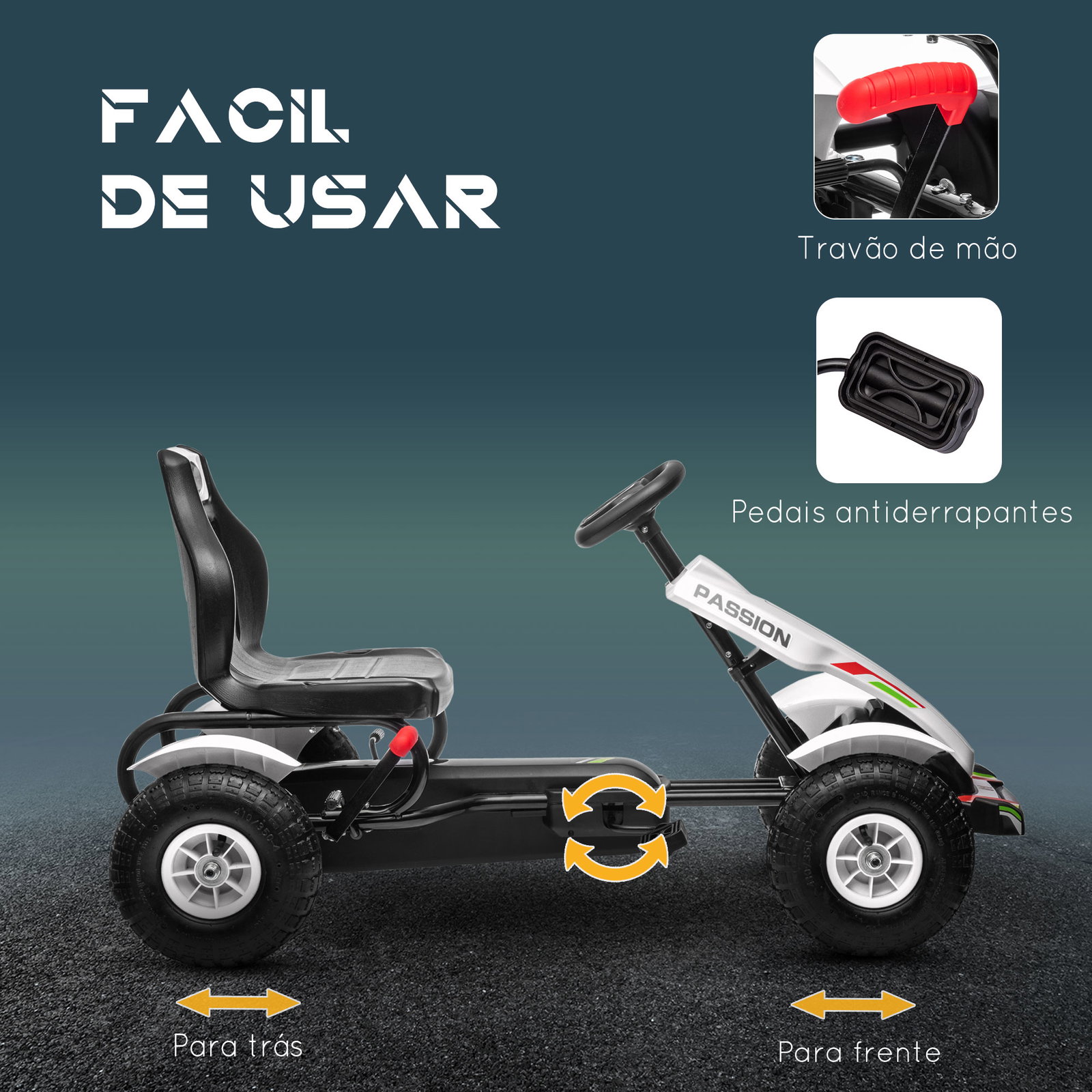 Kart a pedais para crianças com assento ajustável pneus de goma travão de mão para crianças de 5-12 anos 121x58x61 cm branco