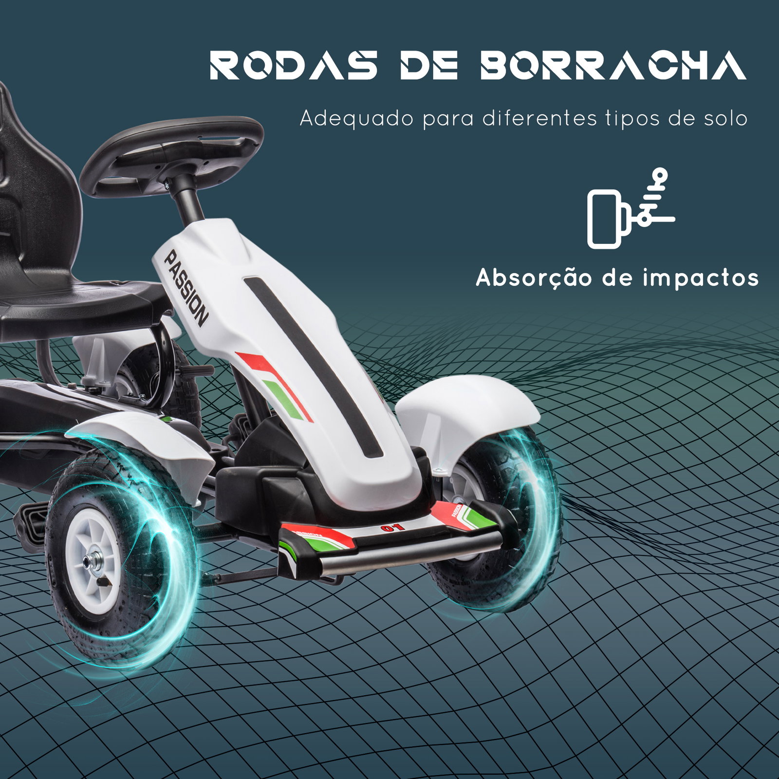 Kart a pedais para crianças com assento ajustável pneus de goma travão de mão para crianças de 5-12 anos 121x58x61 cm branco