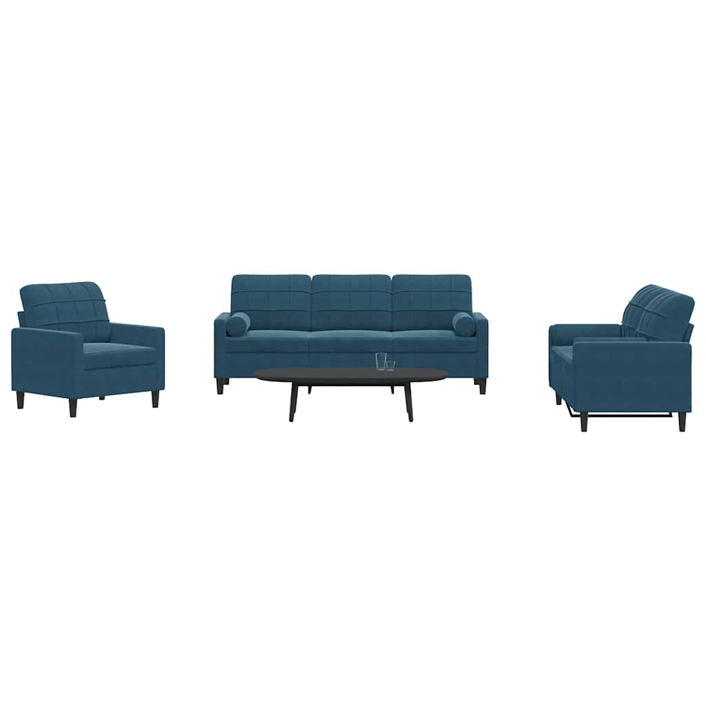 3 Pcs conjunto de sofás com almofadões e rolos veludo azul