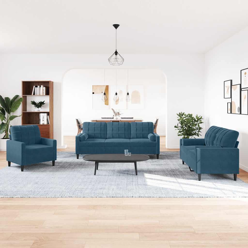 3 Pcs conjunto de sofás com almofadões e rolos veludo azul