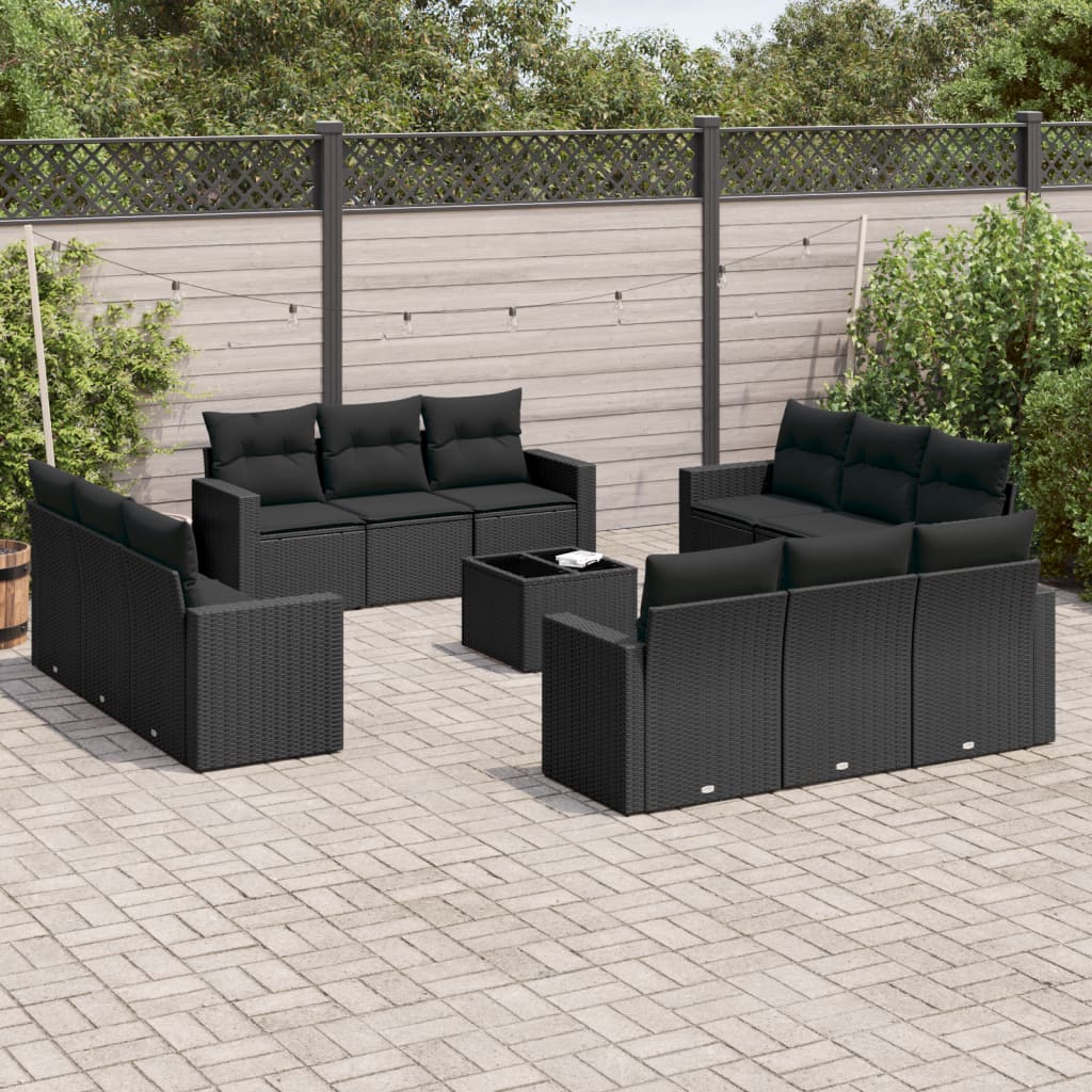 13 Pcs conjunto de sofás de jardim com almofadões vime PE preto