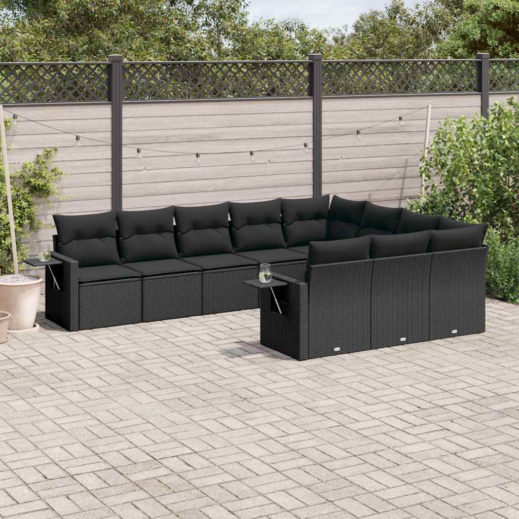 10 Pcs conjunto sofás de jardim c/ almofadões vime PE preto