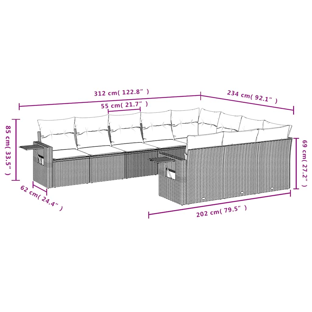 10 Pcs conjunto sofás de jardim c/ almofadões vime PE preto