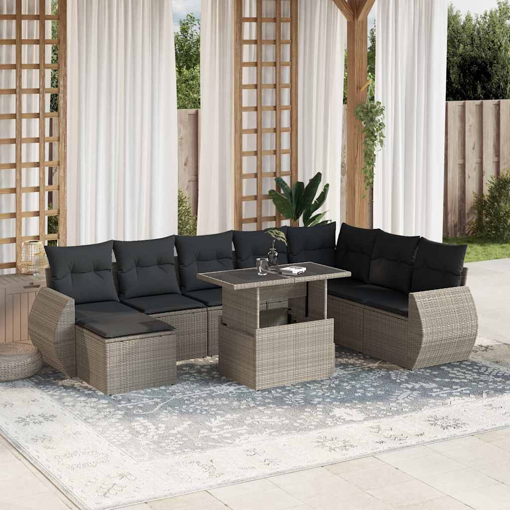 9 Pcs conj. sofás jardim com almofadões vime PE cinzento-claro