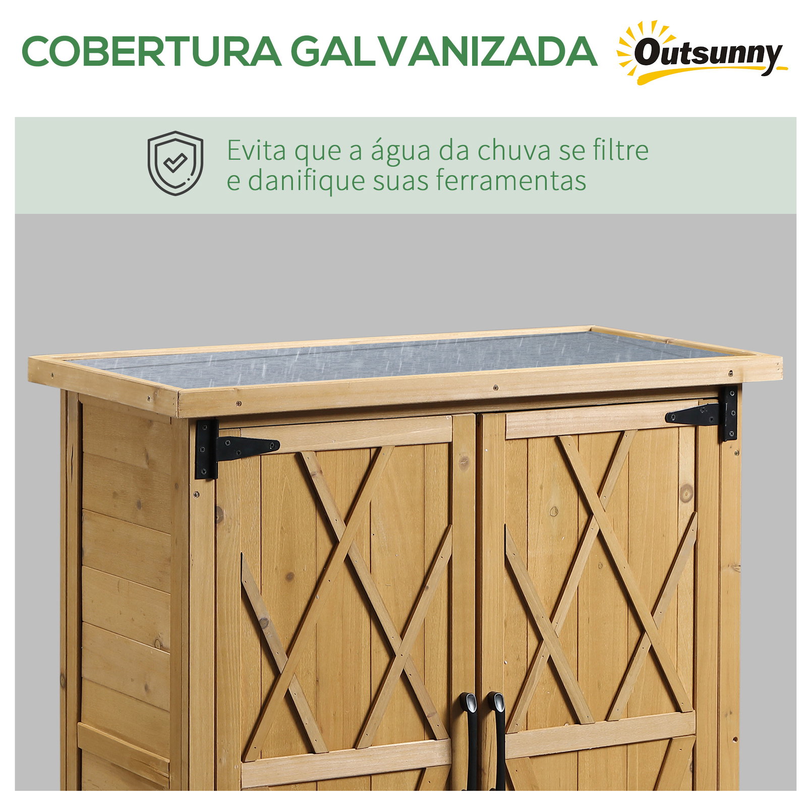 Abrigo de Jardim em Madeira, 75x40x90 cm Armazenamento de Ferramentas, com 4 Prateleiras 2 Portas e Telhado de Aço Galvanizado M